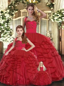 Floor Length Ball Gowns Sleeveless Red Quinceanera Gowns Lace Up