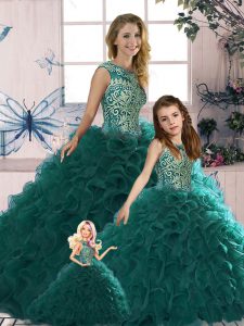 Graceful Organza Scoop Sleeveless Lace Up Beading and Ruffles Quinceanera Gown in Peacock Green