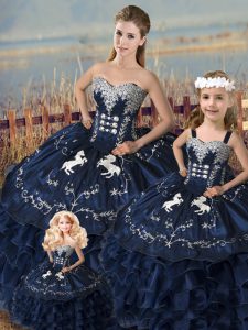 Amazing Floor Length Lace Up Ball Gown Prom Dress Navy Blue for Sweet 16 and Quinceanera with Embroidery and Ruffles