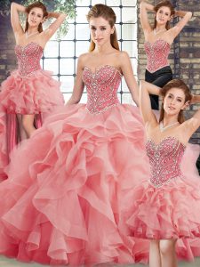 Hot Sale Sweetheart Sleeveless Ball Gown Prom Dress Brush Train Beading and Ruffles Watermelon Red Tulle