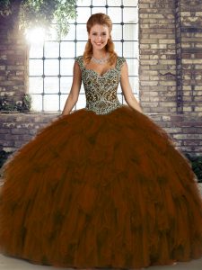 Extravagant Beading and Ruffles Quince Ball Gowns Brown Lace Up Sleeveless Floor Length