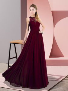 Inexpensive Burgundy Chiffon Zipper Scoop Sleeveless Floor Length Evening Outfits Lace