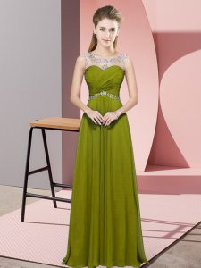 Luxury Olive Green Chiffon Backless Scoop Sleeveless Floor Length Homecoming Dress Beading