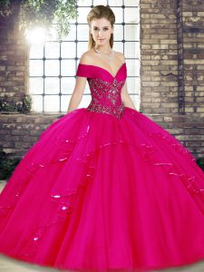 Colorful Fuchsia Off The Shoulder Neckline Beading and Ruffles Sweet 16 Dress Sleeveless Lace Up