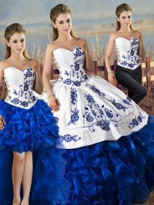 Sleeveless Organza Lace Up Quinceanera Dress in Blue And White with Embroidery and Ruffles