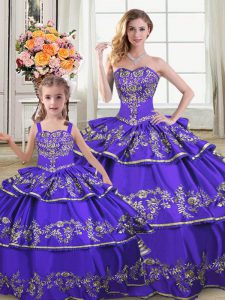 Custom Fit Purple Ball Gowns Satin and Organza Strapless Sleeveless Embroidery and Ruffled Layers Floor Length Lace Up 15 Quinceanera Dress