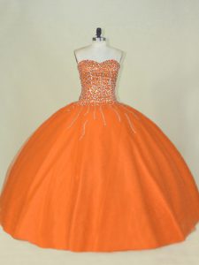 Mermaid Quinceanera Gown Orange Sweetheart Tulle Sleeveless Floor Length Lace Up