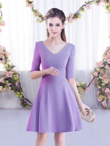 Lavender Zipper V-neck Ruching Court Dresses for Sweet 16 Chiffon Half Sleeves