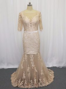 Champagne Tulle Backless Scoop Half Sleeves Prom Dress Brush Train Lace and Appliques