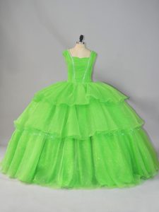 Fancy Lace Up Straps Beading and Ruffled Layers and Ruching Ball Gown Prom Dress Organza Sleeveless