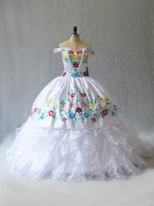 Floor Length Lace Up Sweet 16 Quinceanera Dress White for Sweet 16 and Quinceanera with Embroidery