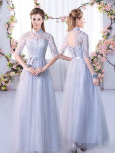 Ideal Grey Tulle Lace Up High-neck Half Sleeves Floor Length Court Dresses for Sweet 16 Lace