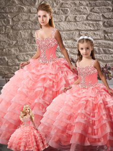 Edgy Watermelon Red Sleeveless Beading and Ruffled Layers Lace Up Quinceanera Dresses