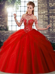 Red Sleeveless Brush Train Beading and Pick Ups Sweet 16 Dresses