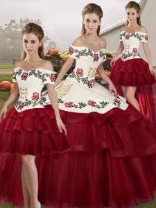 Wine Red Ball Gowns Off The Shoulder Sleeveless Tulle Brush Train Lace Up Embroidery and Ruffled Layers Sweet 16 Dress