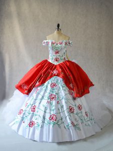 Sweet Embroidery and Ruffled Layers Sweet 16 Dresses White And Red Lace Up Sleeveless