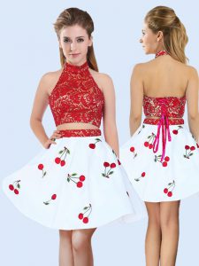 White And Red Lace Up Damas Dress Lace and Pattern Sleeveless Mini Length