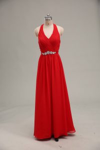 Custom Designed Red Empire Halter Top Sleeveless Chiffon Floor Length Zipper Beading and Ruching Prom Dresses