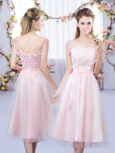 New Style Short Sleeves Tea Length Lace and Belt Lace Up Quinceanera Court Dresses with Baby Pink