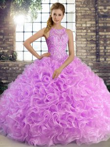 Sweet Ball Gowns Sweet 16 Dress Lilac Scoop Fabric With Rolling Flowers Sleeveless Floor Length Lace Up