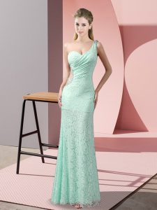 Sleeveless Floor Length Beading and Lace Criss Cross Evening Dress with Apple Green
