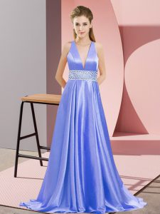 Designer Sleeveless Beading Backless Dress for Prom with Lavender Brush Train