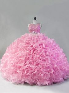 Discount Pink Zipper Quinceanera Gowns Beading Sleeveless Floor Length