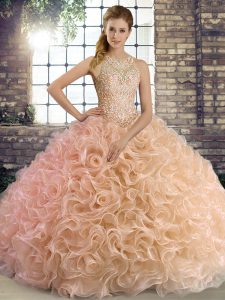 Suitable Floor Length Lace Up Quince Ball Gowns Peach for Military Ball and Sweet 16 and Quinceanera with Beading