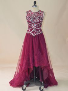 Sleeveless High Low Beading and Lace Lace Up Juniors Evening Dress with Burgundy