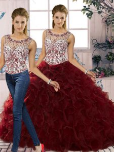 On Sale Organza Scoop Sleeveless Lace Up Beading and Ruffles Ball Gown Prom Dress in Burgundy