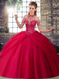 Sexy Halter Top Sleeveless Tulle Quinceanera Dress Beading and Pick Ups Brush Train Lace Up