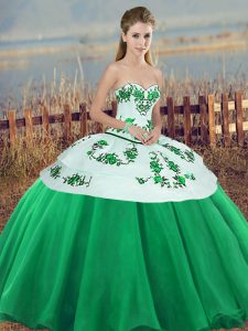 Affordable Green Tulle Lace Up Sweetheart Sleeveless Floor Length 15th Birthday Dress Embroidery and Bowknot