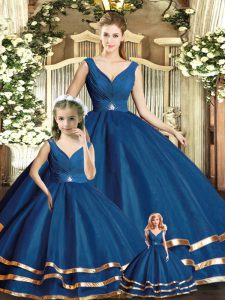 Hot Sale Sleeveless Tulle Floor Length Backless 15 Quinceanera Dress in Navy Blue with Beading and Ruffled Layers
