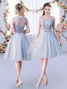 Beautiful Knee Length Lace Up Dama Dress for Quinceanera Grey for Wedding Party with Lace and Belt