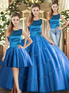 Luxurious Sleeveless Tulle Floor Length Lace Up Quince Ball Gowns in Blue with Appliques