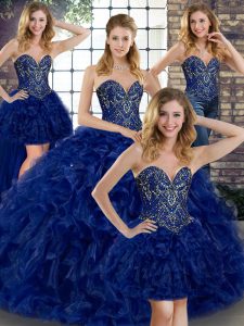 Spectacular Royal Blue Ball Gowns Beading and Ruffles Vestidos de Quinceanera Lace Up Organza Sleeveless Floor Length