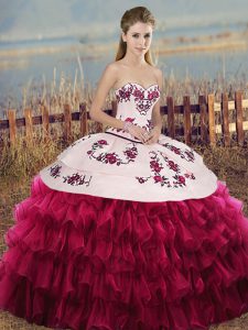 Fashion White And Red Organza Lace Up Vestidos de Quinceanera Sleeveless Floor Length Embroidery and Ruffled Layers and Bowknot