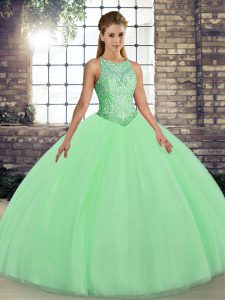 Colorful Tulle Scoop Sleeveless Lace Up Embroidery Sweet 16 Dress in Green