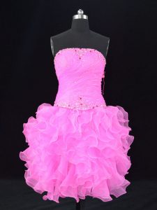 Pink Organza Lace Up Strapless Sleeveless Dress for Prom Beading