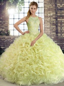 Decent Yellow Green Ball Gowns Fabric With Rolling Flowers Scoop Sleeveless Beading Floor Length Lace Up Sweet 16 Dress