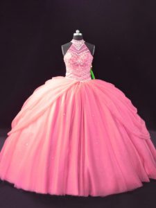 Halter Top Sleeveless Tulle Ball Gown Prom Dress Beading and Pick Ups Lace Up
