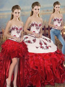Ideal Floor Length White And Red 15 Quinceanera Dress Sweetheart Sleeveless Lace Up