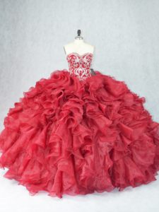 Customized Burgundy Sleeveless Floor Length Beading and Ruffles Lace Up 15 Quinceanera Dress