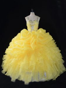 Floor Length Zipper Sweet 16 Dress Yellow for Sweet 16 and Quinceanera with Beading and Ruffles and Pick Ups