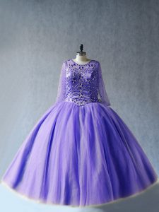 Lavender Tulle Lace Up Scoop Long Sleeves Floor Length Quinceanera Dresses Beading
