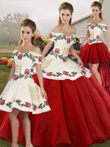 Free and Easy White And Red Organza Lace Up Sweet 16 Dresses Sleeveless Floor Length Embroidery