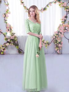Great V-neck Half Sleeves Quinceanera Court Dresses Floor Length Lace and Belt Apple Green Tulle