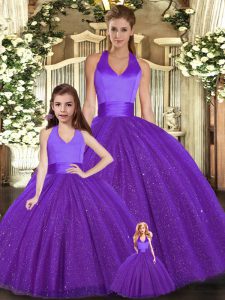Sleeveless Tulle Floor Length Lace Up Quinceanera Gown in Purple with Ruching