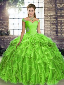 Ball Gowns Organza Off The Shoulder Sleeveless Beading and Ruffles Lace Up Quinceanera Gown Brush Train