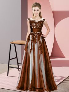 Beauteous Brown Zipper Quinceanera Dama Dress Beading and Lace Sleeveless Floor Length